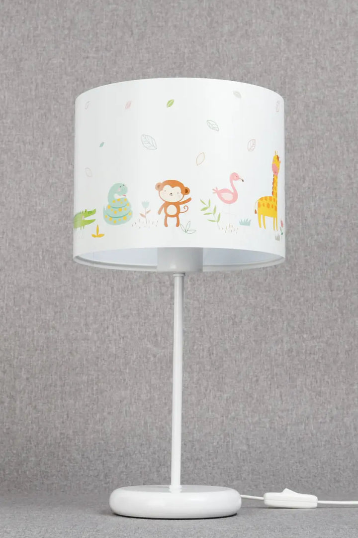 Lampe de table blanche vert clair avec motif savane coloré animaux cartoon pour enfants chambre