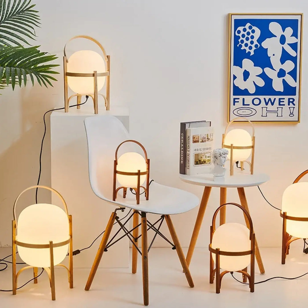 Lampe de table luna avec cadre en bois minimaliste et anses incurvées, objet décoratif pour décoration intérieure style japonais