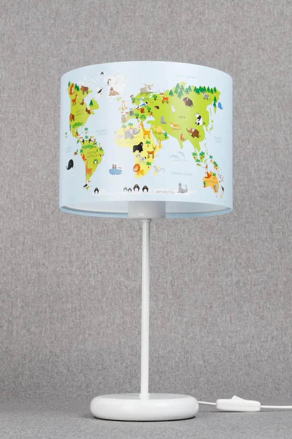Lampe de table sweet dreams avec abat-jour cylindrique bleu clair vert aux animaux illustrés cartoon