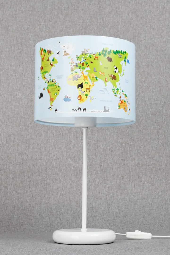 Lampe de table sweet dreams avec abat-jour cylindrique bleu clair vert aux animaux illustrés cartoon