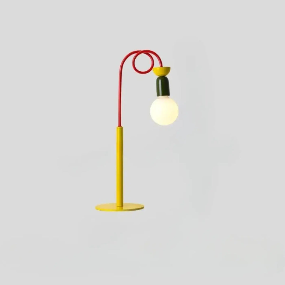 Lampe de table ziggy contemporaine avec base jaune, bras métallique courbé et détails rétro en métal rouge