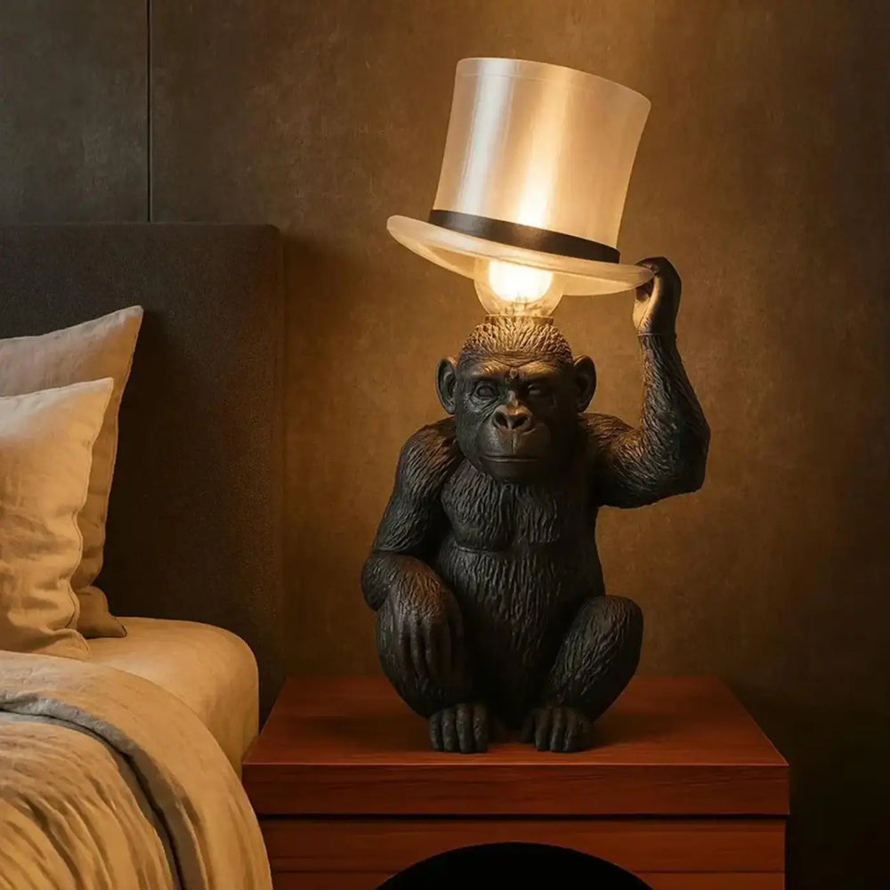Lampe de table lumineuse lumineuse en forme de gorille noir avec chapeau haut de forme argenté pour décoration décorative gorille