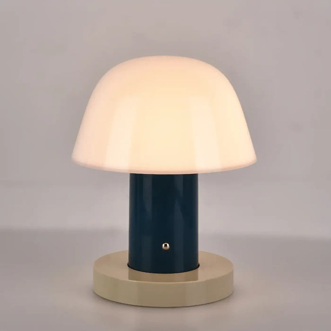 Lampe de table design champignon lithy avec abat-jour translucide ivoire et base cylindrique bleue marine brillante