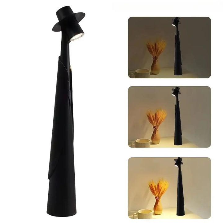 Lampe de table dandy noire mate en forme de silhouette élancée avec un chapeau haut de forme