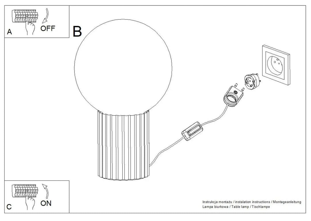Lampe halo poser halo moka avec base cylindrique striée et abat-jour sphérique en verre laiteux blanc
