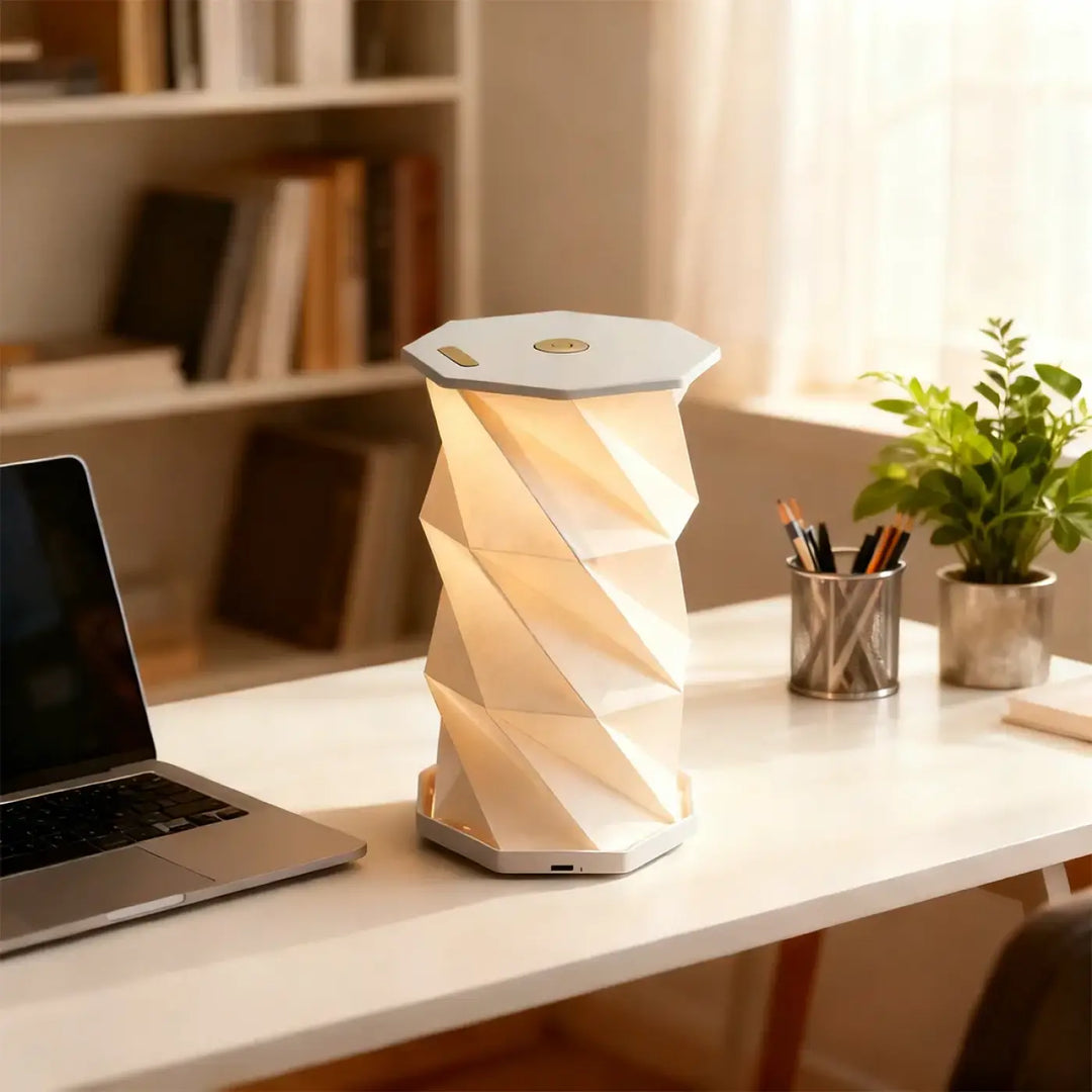 Lampe de table twistia en papier blanc géométrique avec base hexagonale éclairage doux motif torsadé