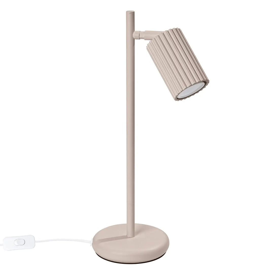 Lampe a poser karbon taupe beige ribbee design minimaliste avec base circulaire ampoules gu10 interchangeables