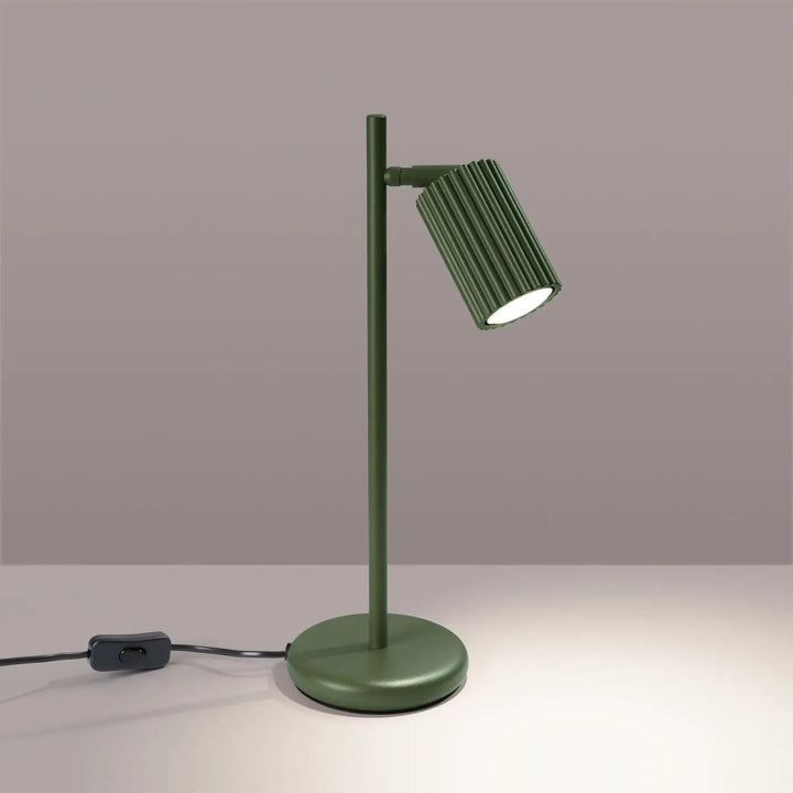 Lampe a poser karbon vert olive avec abat-jour cylindrique cannelé design minimaliste et ampoules gu10 interchangeables