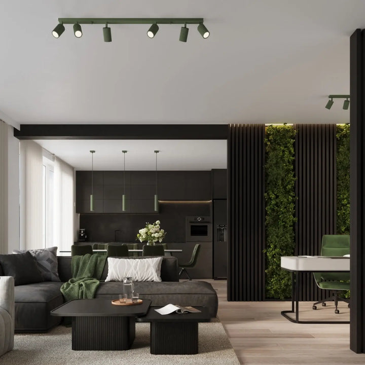 Plafonnier karbon allie moderne vert olive avec ampoules gu10 interchangeables et design minimaliste ajustable au plafond