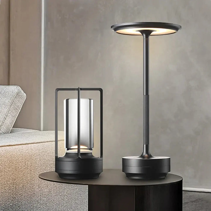 Lampe de table noctis en métal noir moderne avec source de lumière led chaude et méthode de contrôle tactile minimaliste