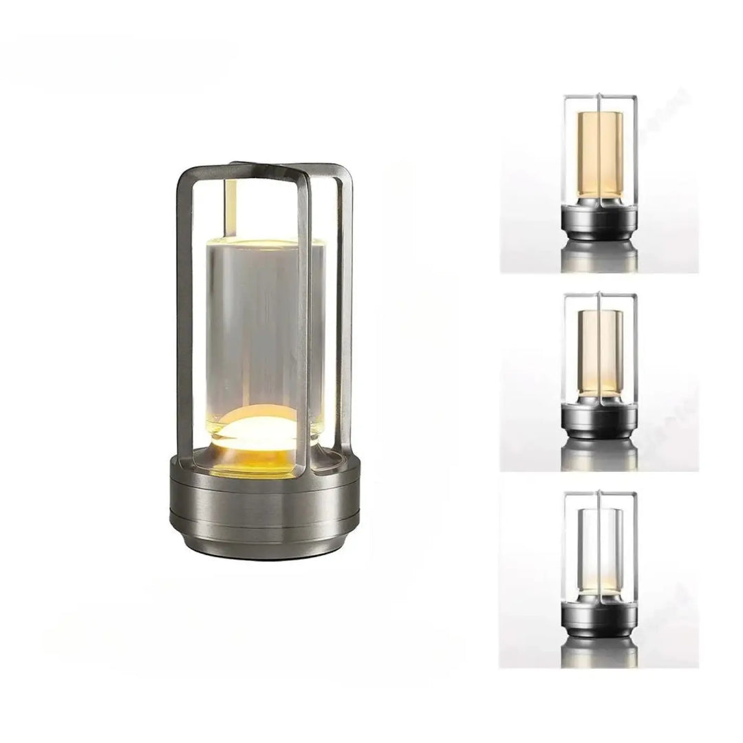 Lampe de table noctis en acier inoxydable avec cylindre en verre clair et source de lumière led chaude à batterie intégrée