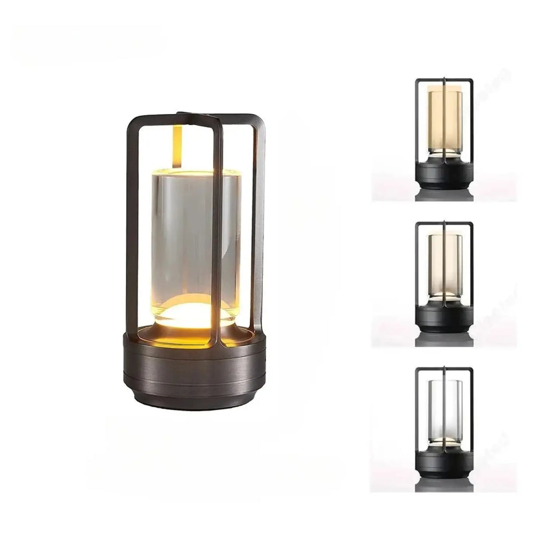 Lampe de table noctis avec lanterne noire frosted verre cylindre et source de lumière led chaude intégrée