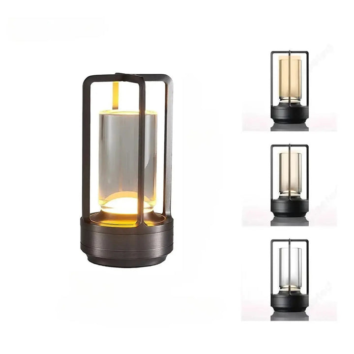 Lampe de table noctis avec lanterne noire frosted verre cylindre et source de lumière led chaude intégrée
