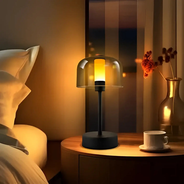 Lampe de table zora avec gradation continue appuyez longuement et socle noir émettant une lumière ambiante chaude