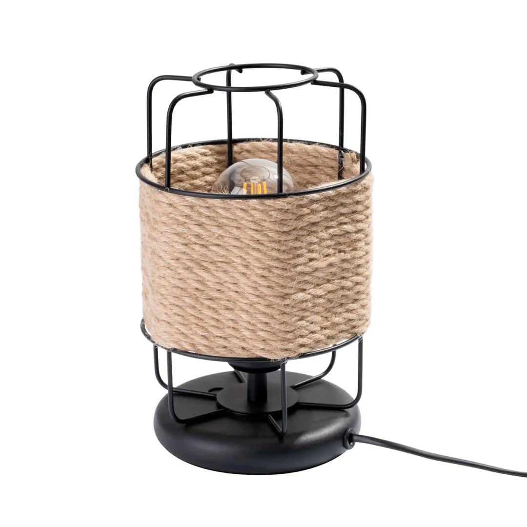 Lampe a poser série gizur en métal noir et corde naturelle style loft avec corps cylindrique et ampoule apparente design fascinant