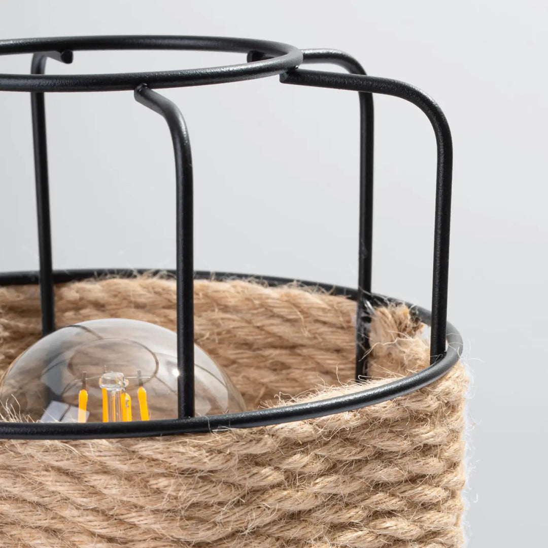 Lampe à poser gizur en cage métallique noire enveloppée de ficelle naturelle style loft design fascinant