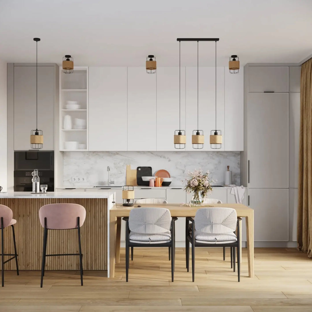 Lampe a poser série gizur avec cadre métallique noir et abat-jour en bois chaud style loft design fascinant sur îlot cuisine