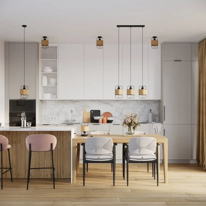 Lampe a poser série gizur avec cadre métallique noir et abat-jour en bois chaud style loft design fascinant sur îlot cuisine