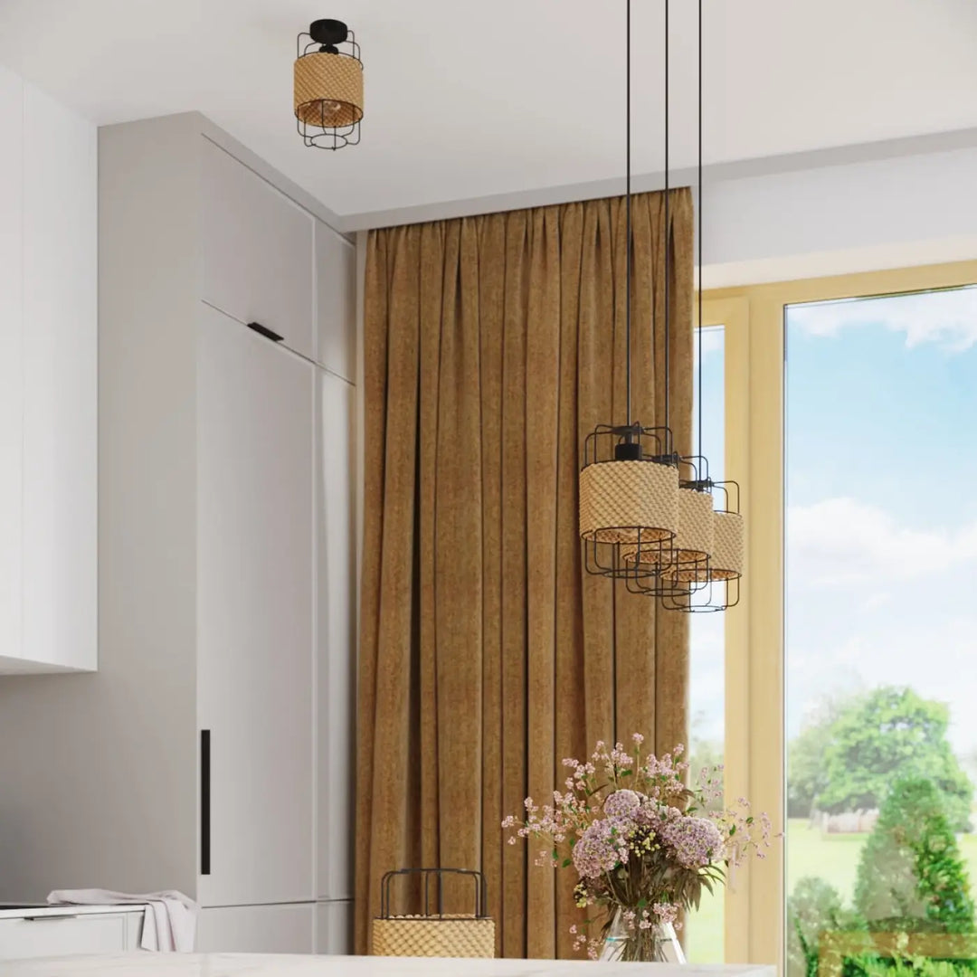Lampe a poser série gizur avec abat-jour en beige tressé et cadre métal noir style loft au design fascinant