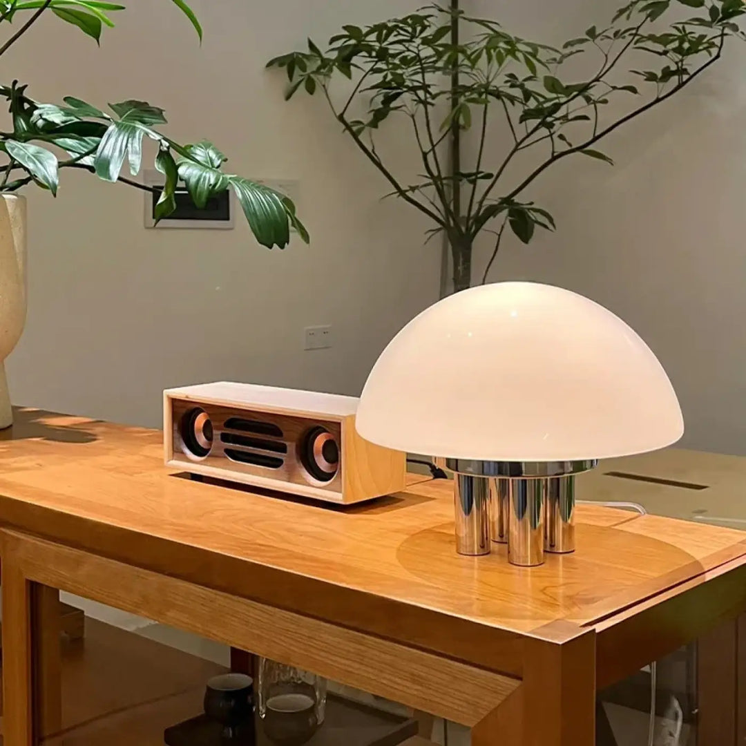 Lampe de chevet JEMA lampe champignon moderne avec dôme en verre dépoli blanc et pieds cylindriques chromés