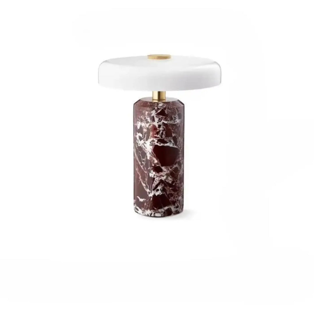 Lampe de table marbelia avec base en marbre bordeaux veiné blanc et partie supérieure en céramique blanche brillante