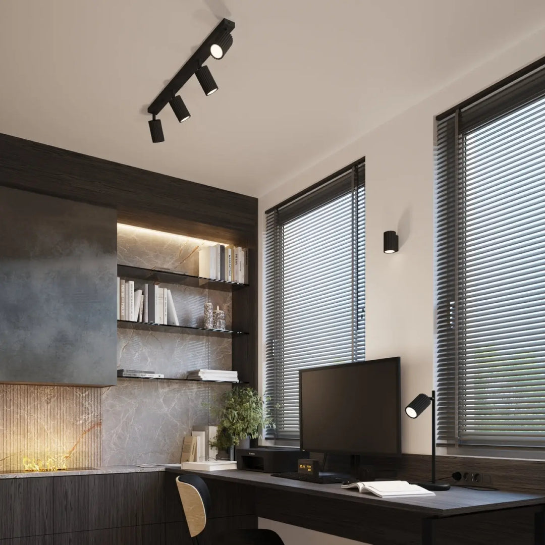 Plafonnier karbon noir avec ampoules gu10 interchangeables et design minimaliste à poser au plafond