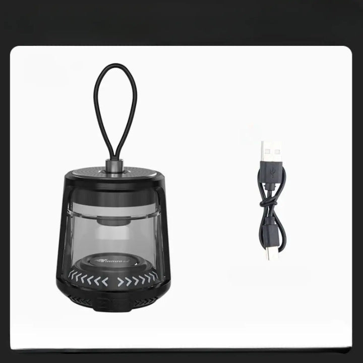Luminaire extérieur vago lanterne led portable noire avec panneau avant transparent et poignée de transport design moderne