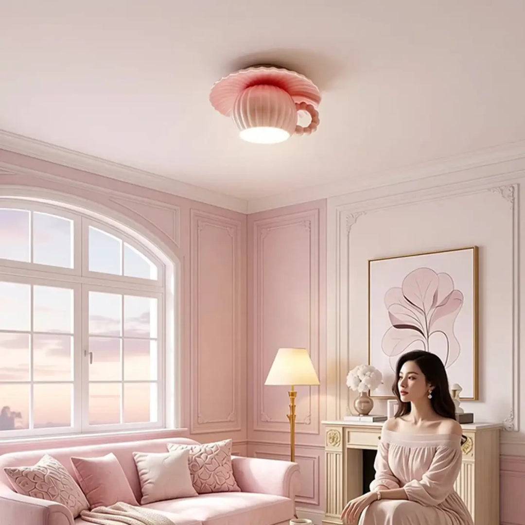 Plafonnier rose pastel en céramique en forme de tasse à thé coralia pour un éclairage décoratif intérieur
