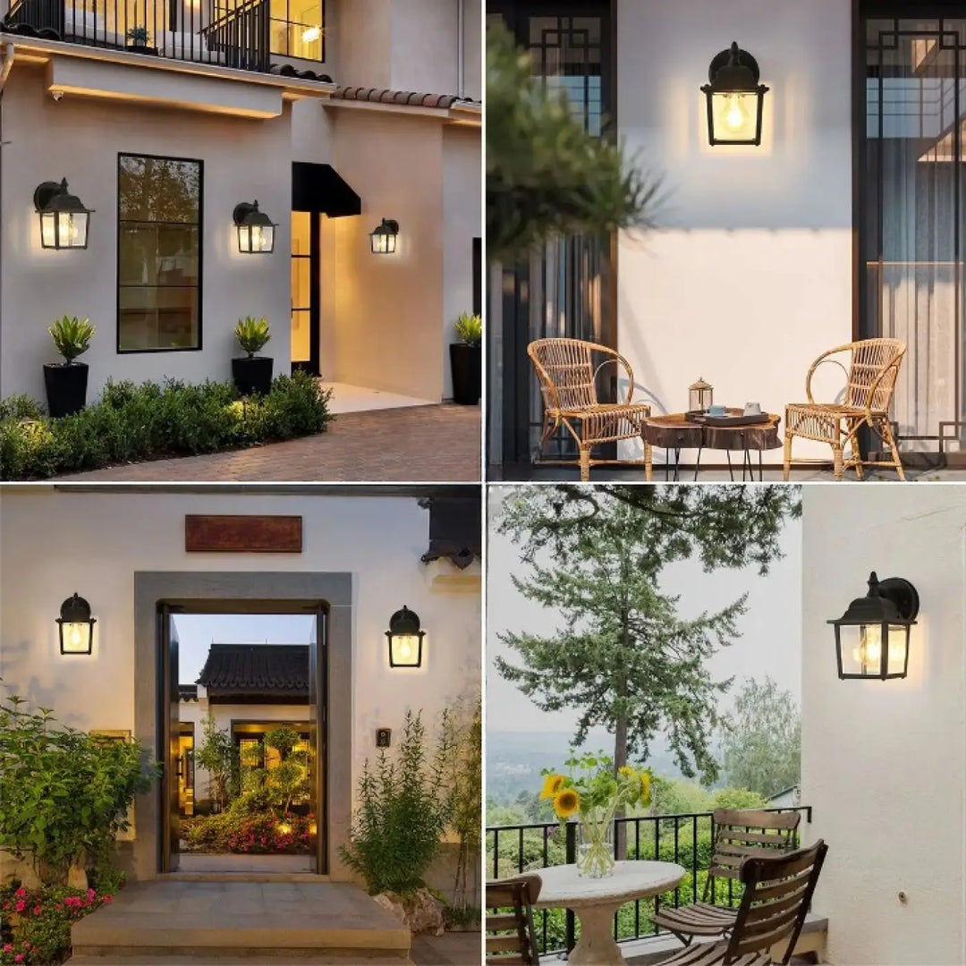 Luminaire extérieur héris en fer forgé noir avec lanterne traditionnelle à verre clair pour un éclairage mural élégant