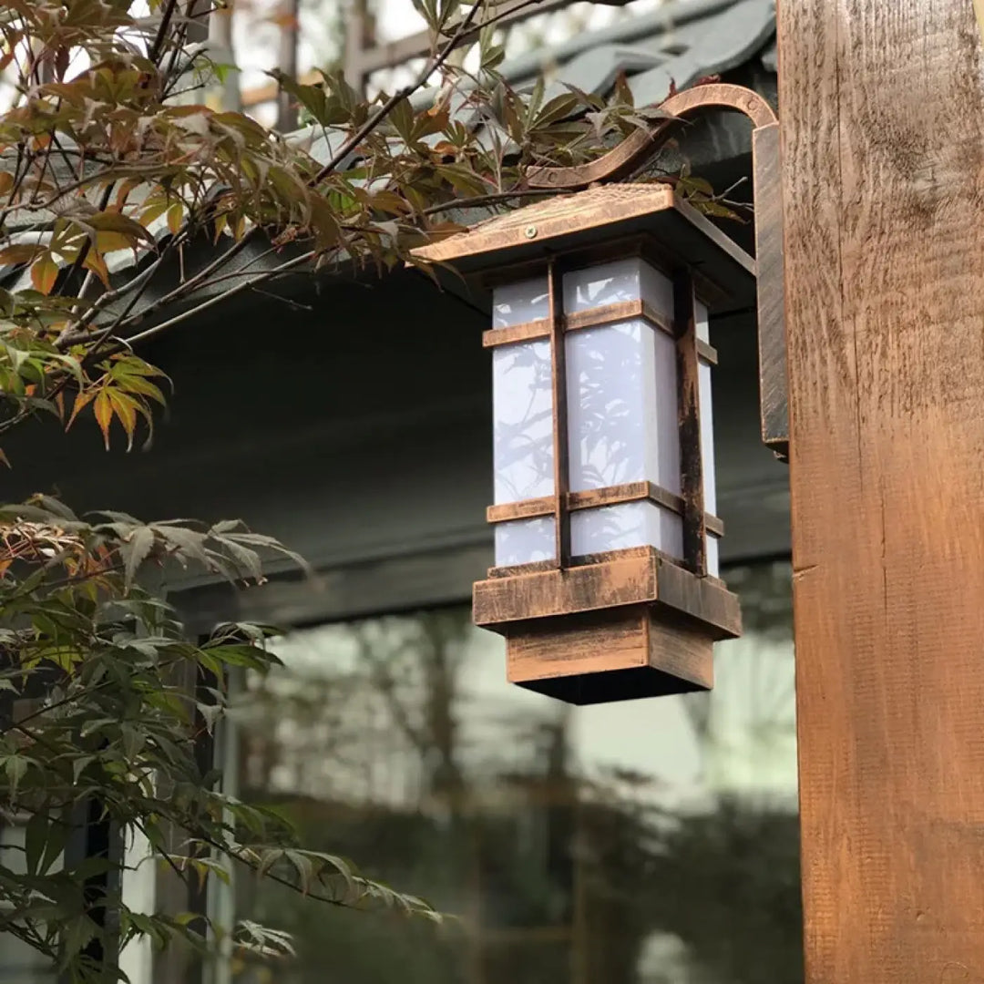 Rustic luminaire extérieur with translucent white glass panel and dark brown wooden frame in extérieur style lanterne design