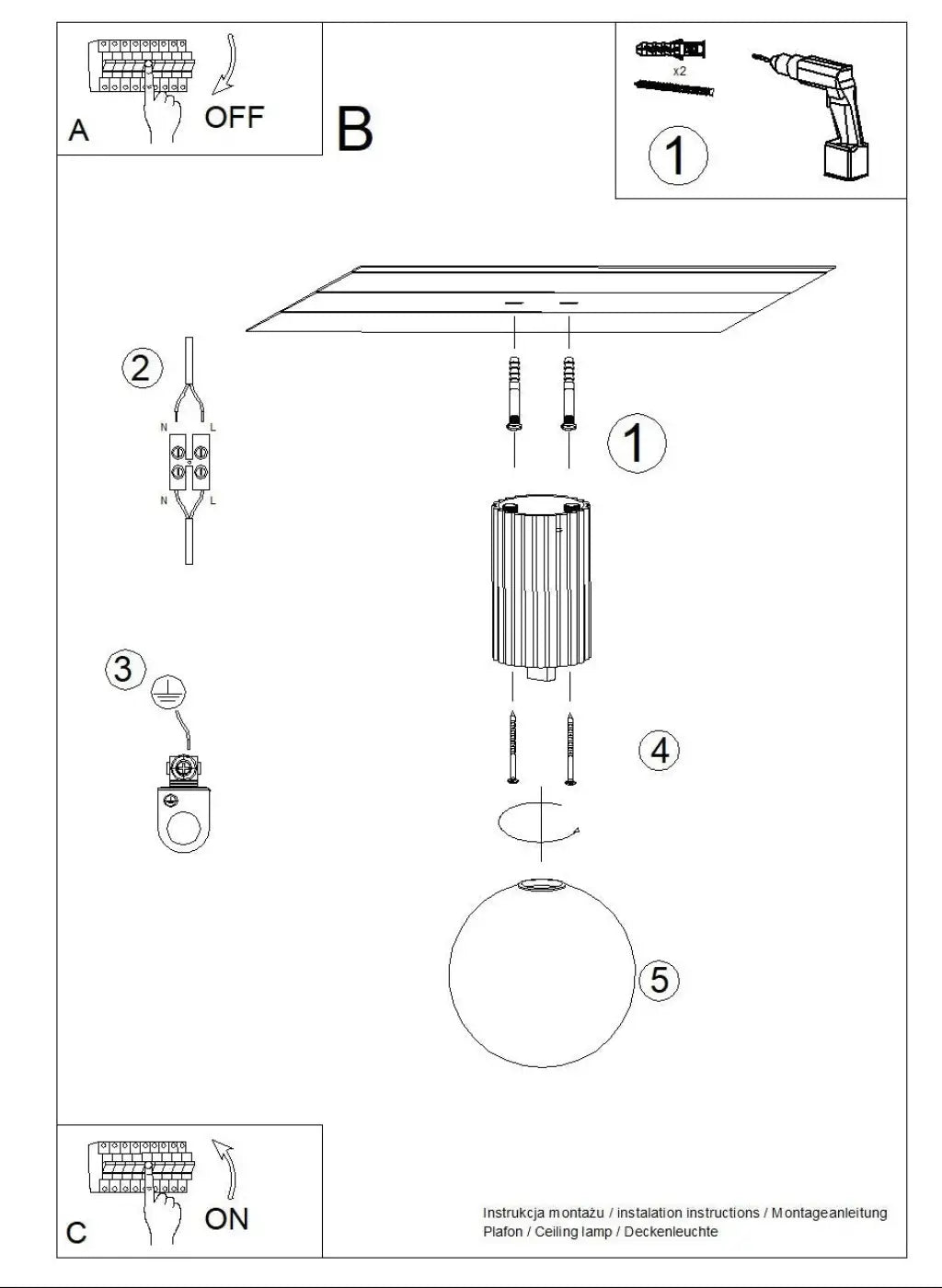 Plafonnier halo cylindrique en métal cannelé avec sphère laiteuse en verre clair idéal comme lampe halo bureau décorative