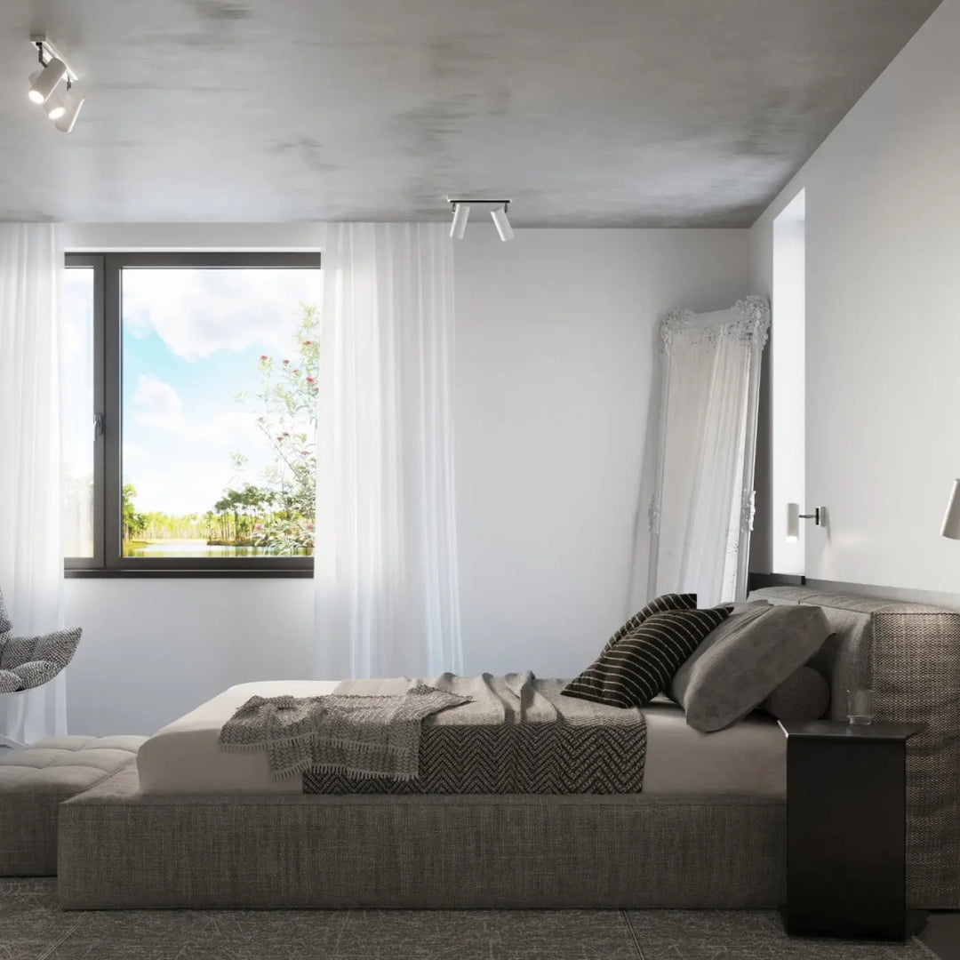 Luminaire plafonnier direzione 2 blanc avec éclairage élégant au plafond minimaliste et lit gris en tissu texturé