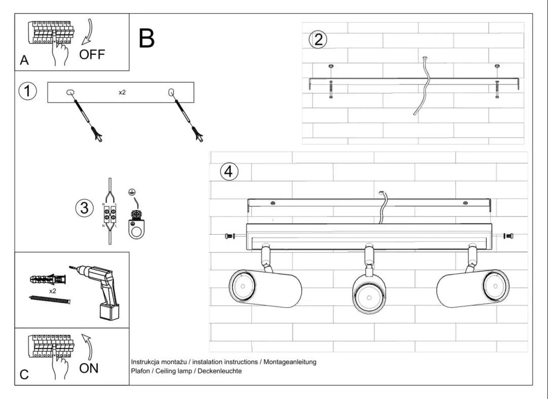 Diagramme dinstallation pour luminaire plafonnier direzione 3 noir avec spot lumineux ajustable pour plafond minimaliste et éclairage élégant