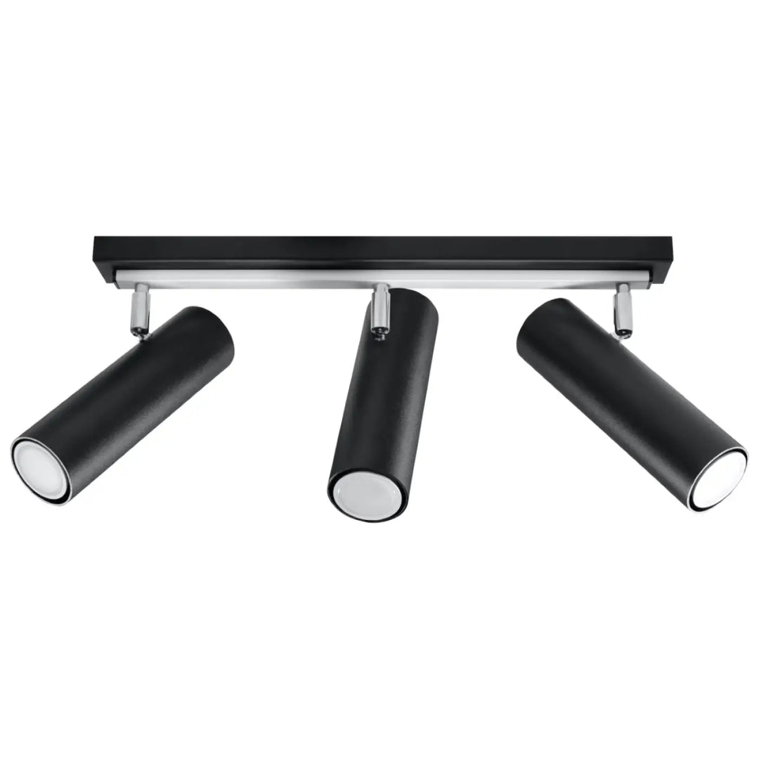 Luminaire plafonnier direzione 3 noir avec spots cylindriques noirs et accents chrome pour un éclairage élégant plafond minimaliste