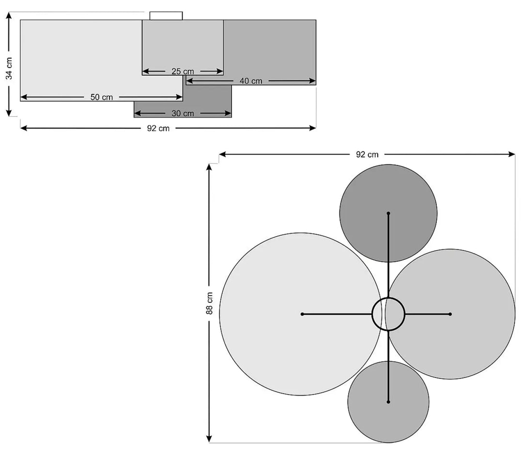 Plan de sol géométrique gris et blanc avec dimensions pour luminaire plafonnier 4FLAMES Boho Elegant vert gris écru naturel