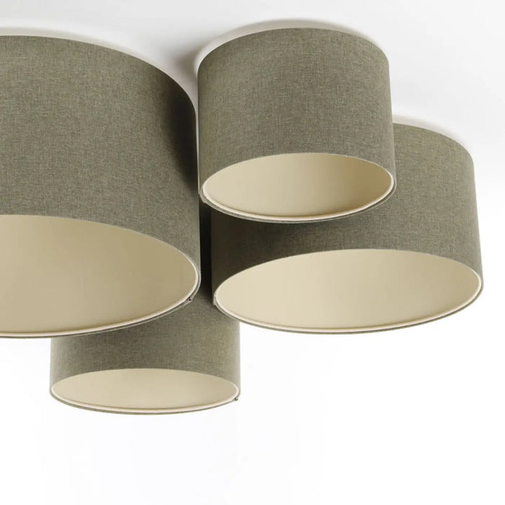Plafonnier moderne 4flames boho elegant avec abat-jours cylindriques en tissu olive et doublure écru naturelle