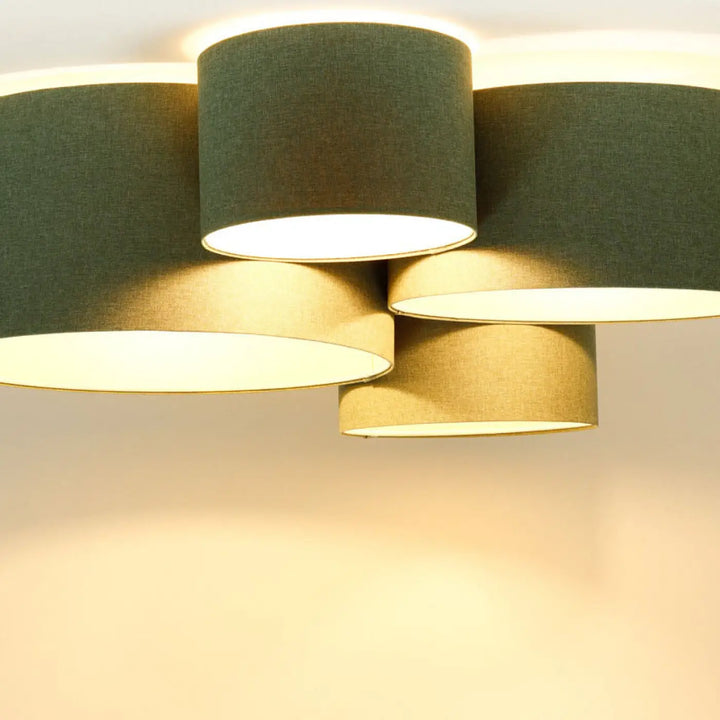 Luminaire plafonnier 4flames boho elegant vert gris en tissu avec abat-jours cylindriques pour éclairage naturel