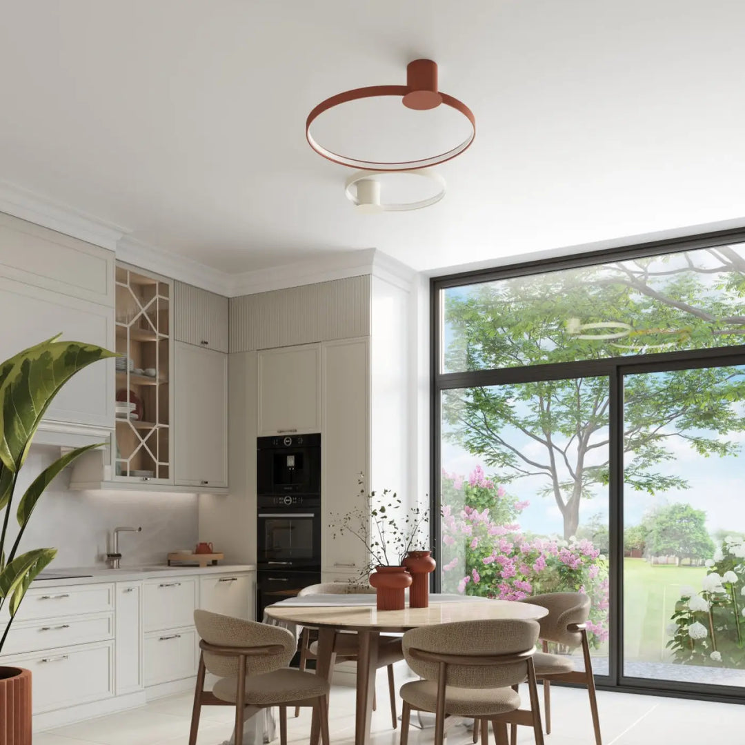 Luminaire plafonnier rio 55 en aluminium allient élégance avec anneaux led terracotta et cercle intérieur blanc beige