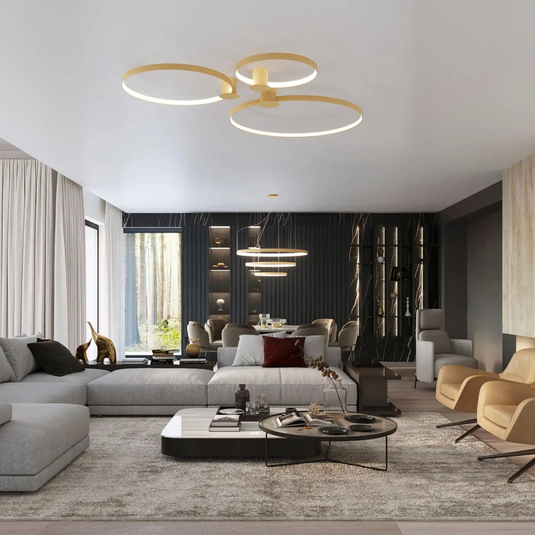 Plafonnier rio doré circulaire moderne avec design unique et efficacité lumineuse élevée pour intérieur contemporain