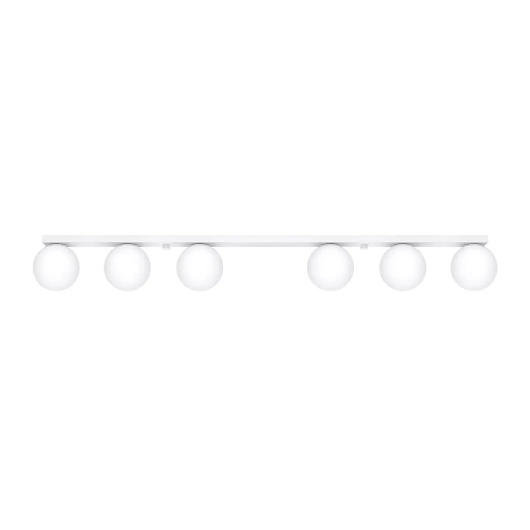 Plafon yoli 6 blanc avec six globes en verre dépoli sur une barre moderne classe à part et part entière