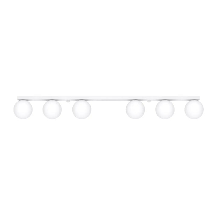 Plafon yoli 6 blanc avec six globes en verre dépoli sur une barre moderne classe à part et part entière
