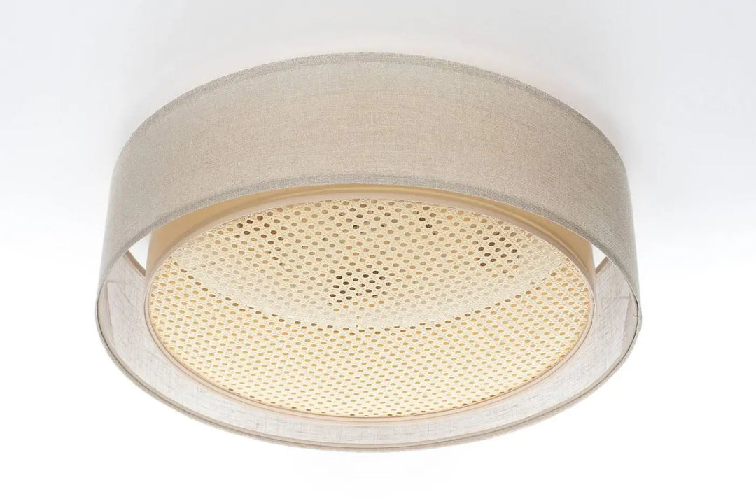 Luminaire plafonnier beige crème en lin avec panneau central tressé perforé pour un éclairage élégant