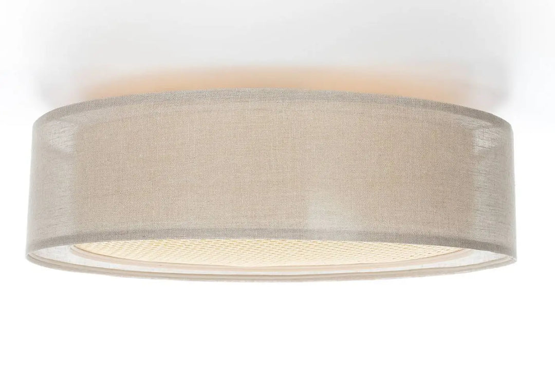 Plafonnier beige crème cylindrique en lin avec motif tissé subtil et lumière douce diffusée pu ro rattan