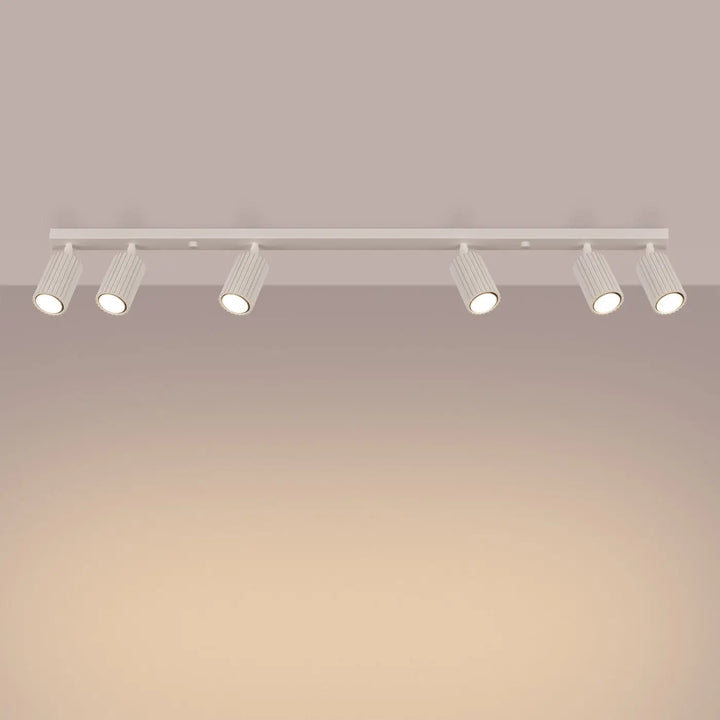 Luminaire plafonnier karbon allie beige avec six ampoules gu10 interchangeables au design minimaliste en métal blanc