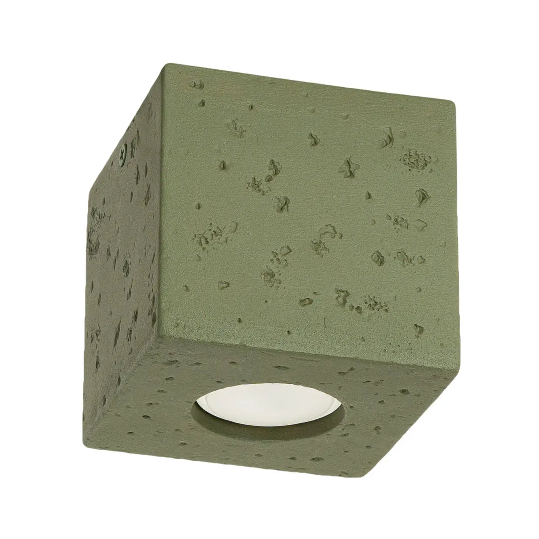 Plafonnier quad en béton vert olive avec surface texturée et ampoule circulaire encastrée forme originale pour applique murale