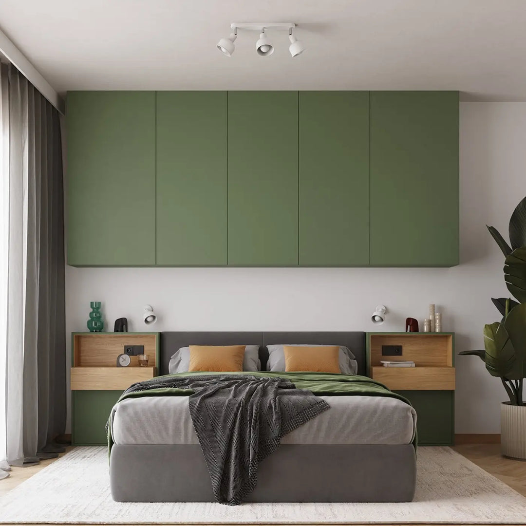 Luminaire plafonnier elba 3 blanc avec lampe elba et minimalisme combiné à une armoire murale verte olive moderne et des tables de chevet en bois