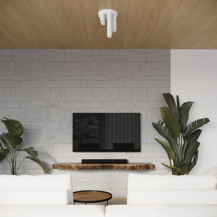Luminaire plafonnier lagos 5p blanc avec lampe lagos monté sur un mur en brique grise pour caractère chic
