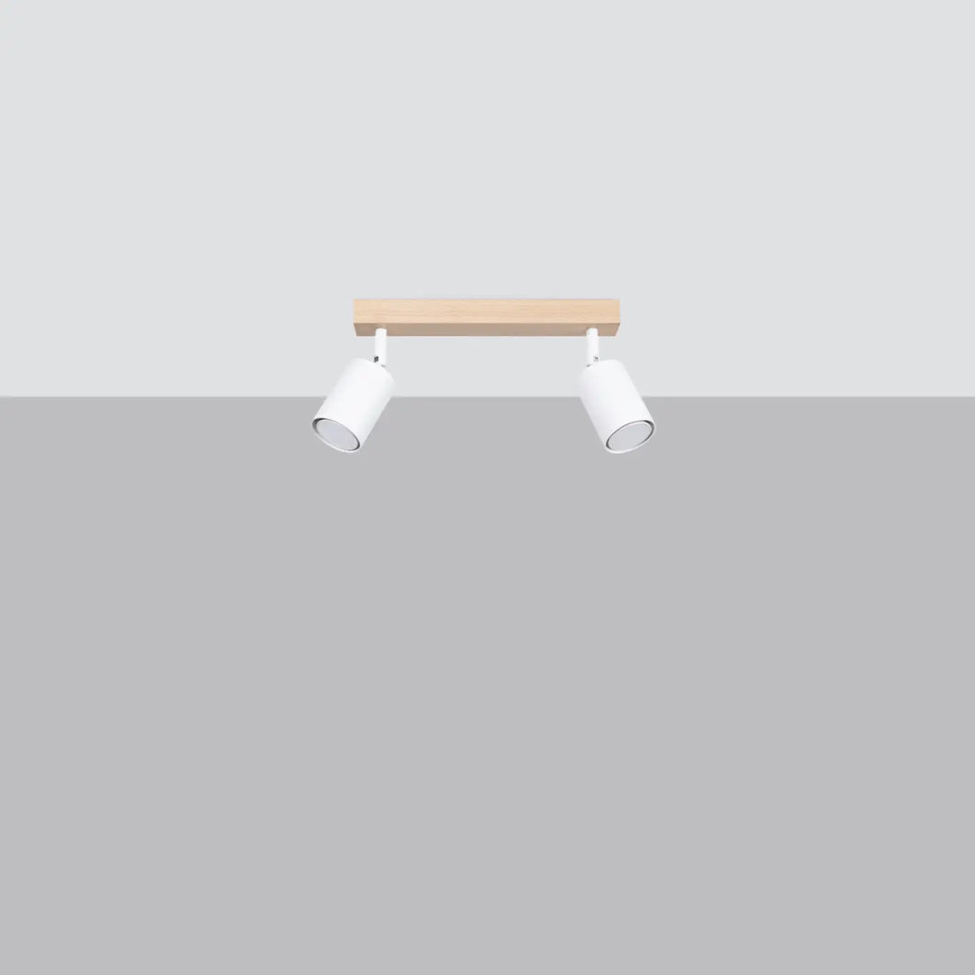 Plafonnier verdo 2 design moderne avec base en bois naturel et deux têtes cylindriques blanches pour éclairage intérieur