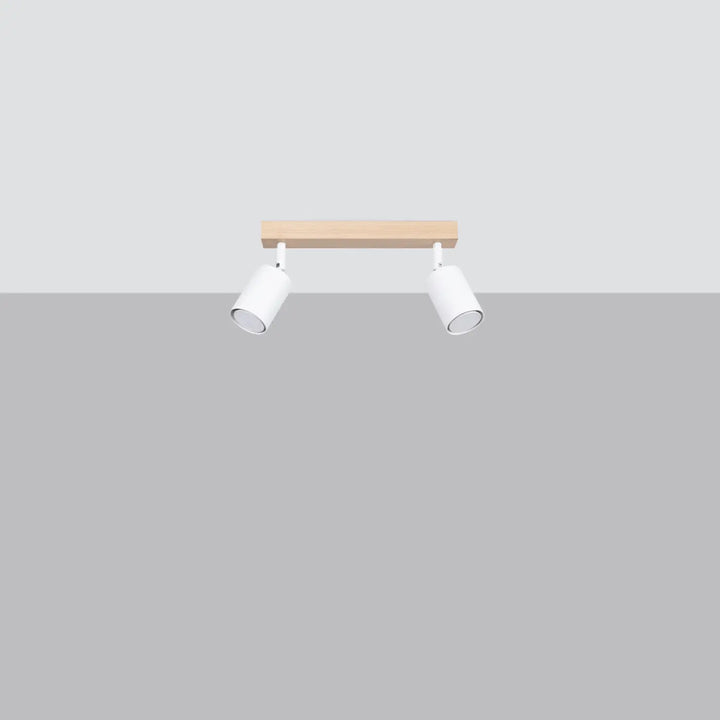 Plafonnier verdo 2 design moderne avec base en bois naturel et deux têtes cylindriques blanches pour éclairage intérieur