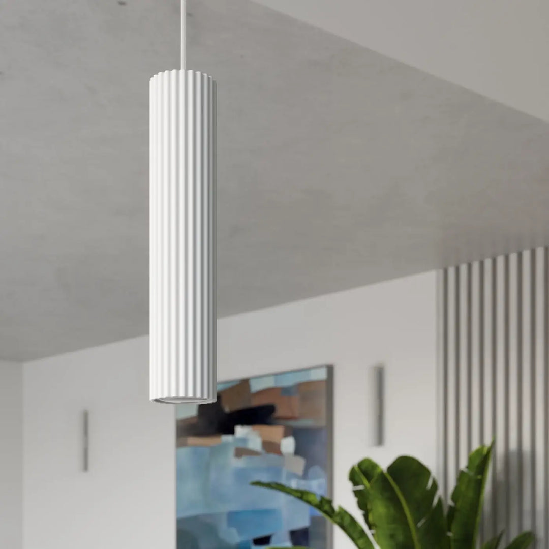 Plafonnier karbon blanc cylindrique avec rainures verticales en design minimaliste et ampoules gu10 interchangeables